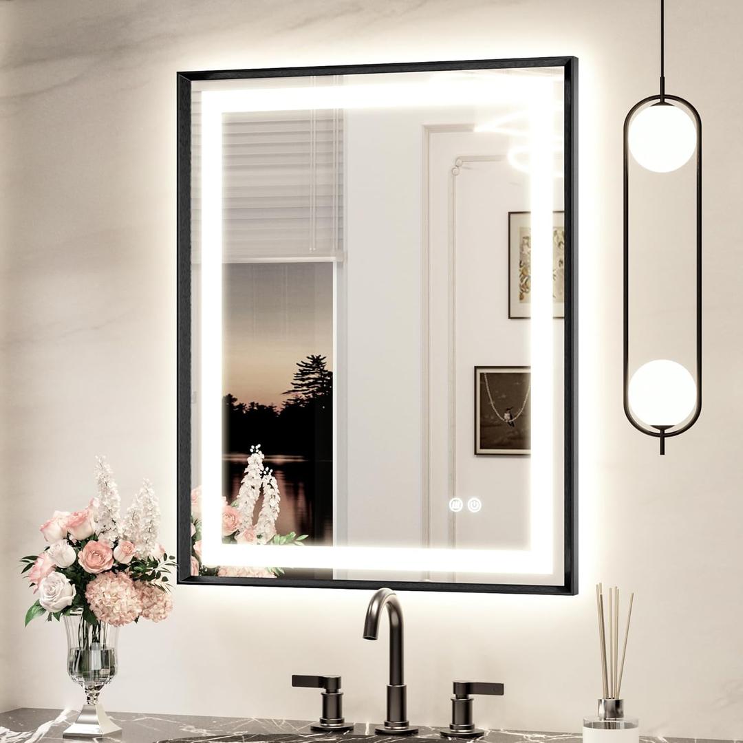 Keonjinn Black LED Mirror for Bathroom 24 x 30 Inch, Frontlit & Backlit Bathroom Vanity Mirror with Lights, HD Tempered Glass, UL Listed LED Driver, Beveled Framed, 3 Color Lights, Anit-Fog, Dimmable