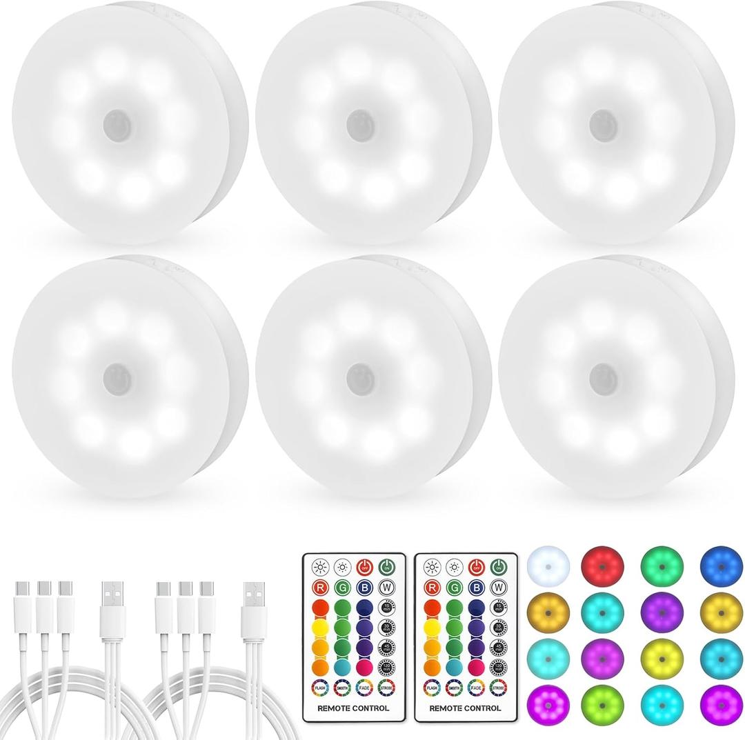 Led Puck Lights with Remote Control 16 Color Changeable USB Rechargeable LED Night Light Battery Operatedfor,Closet,Bedroom Wall,Under Cabinet,Party,Halloween Decoration,with Dimmer and Timer6 Pack