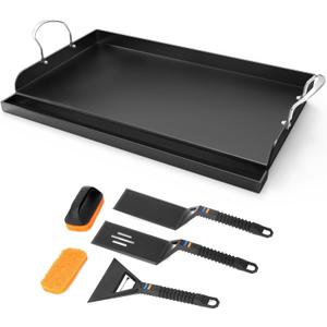 25" x 16" Cast Iron Griddle for Gas Grill with Silicone Griddle Tool Kit, Pre-Seasoned Grill Griddle for Gas/Charcoal Grills, Flat Top Grill Accessories Set with Spatulas, Scraper Cleaning Brush