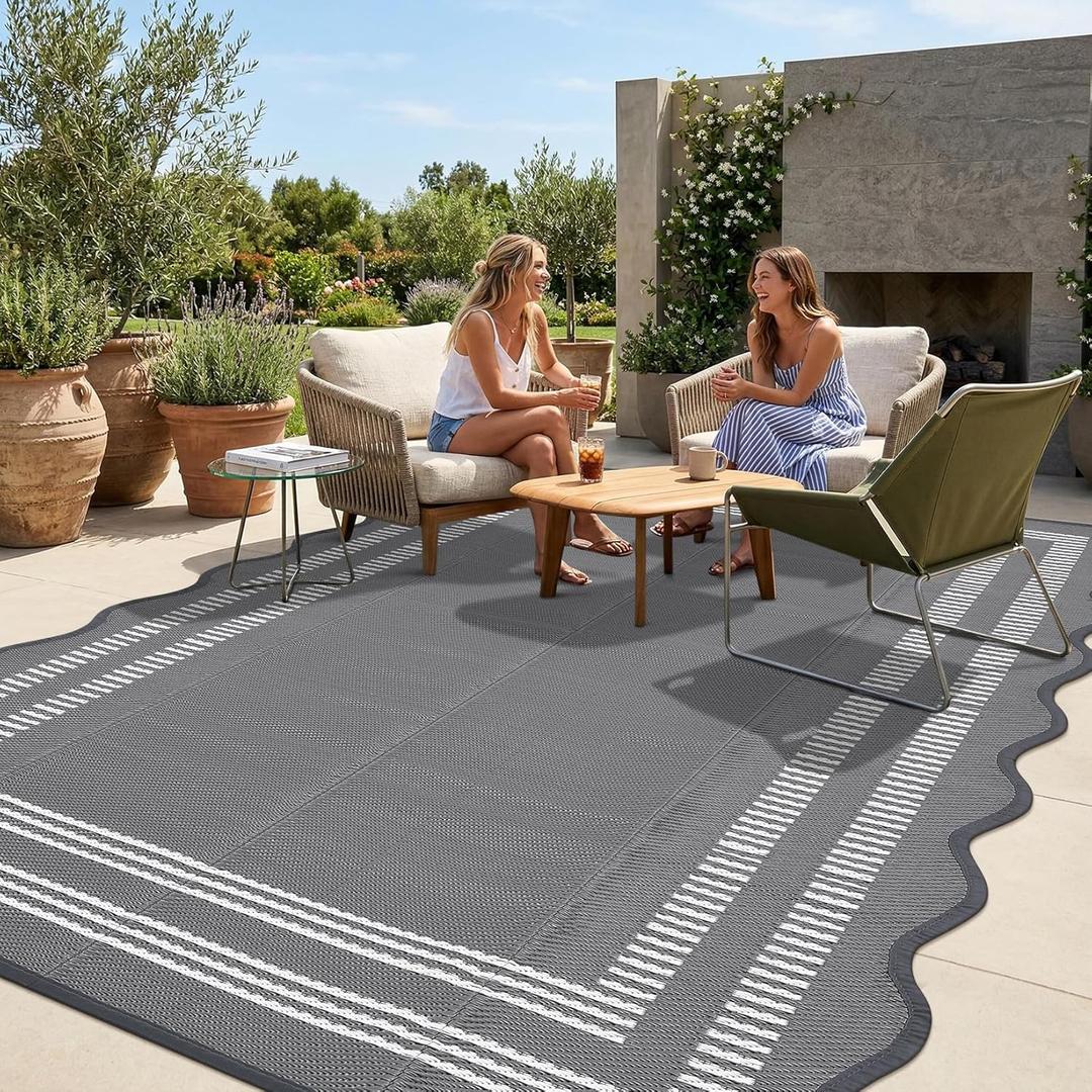 Garvee Waterproof Outdoor Rug 9x12, Scalloped Geometric Foldable Plastic Straw Patio Camping Rug, Outdoor RV Carpet for Deck Camper Porch Balcony Backyard Picnic Beach, Gray