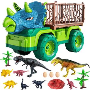 TEMI Dinosaur Truck Toy for Kids 3-5 Years, Triceratops Transport Car Carrier with 8 Dino Figures, Activity Play Mat, Dino Eggs and Trees, Capture Jurassic Dinosaurs Play Set for Boys and Girls