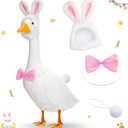 Shyyween Easter Bunny Porch Goose Outfits for Cement Goose 23"/ 17'' Lawn Goose Statue Clothes Bunny Ear Hat and Bow Tie Tail Easter Plastic Goose Costume for Easter Party Yard Outdoor (White)