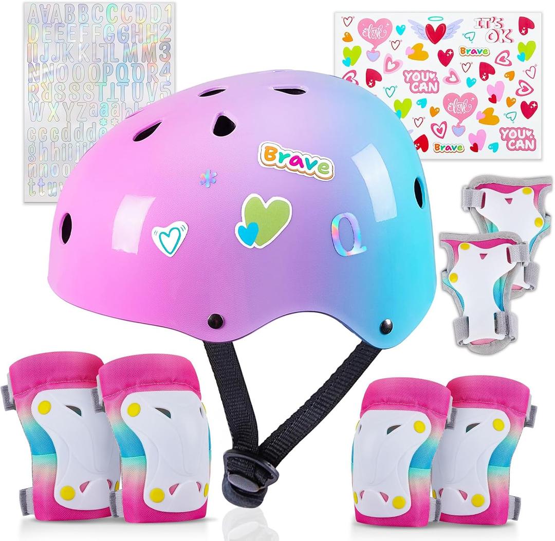 Kids Helmet, Toddler Bike Helmet with DIY Stickers Unicorn Knee Pads and Elbow Pads Set Adjustable Protective Gear Set for Girls, Roller Skates, Bicycle, Skateboarding, Scooter (Pink Teal) -  Medium: 8-14 year