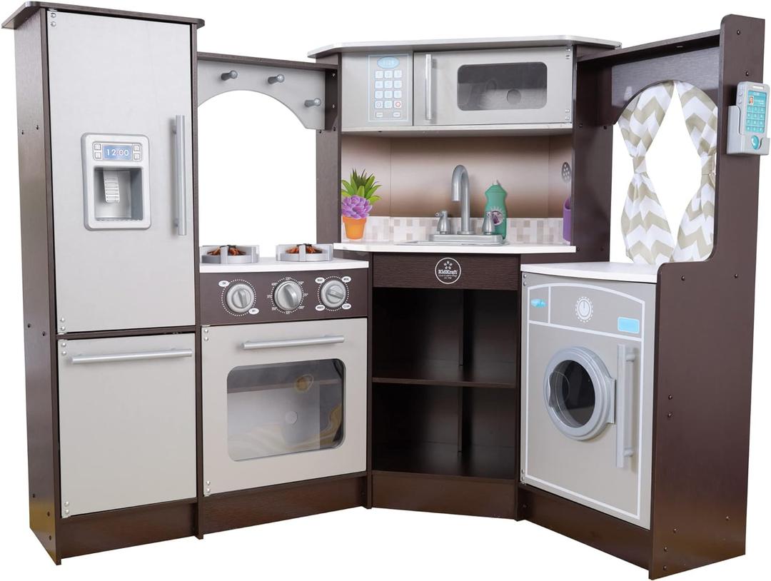 KidKraft Ultimate Corner Wooden Play Kitchen with Lights & Sounds, Play Phone and Curtains, Espresso, Gift for Ages 3+