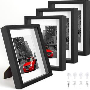 8x10 Shadow Box Picture Frames Set of 4, Wooden Display Cases with Linen Board, Use as 6x8 Frame with Mat or 8x10 Without Mat, 1.0" Interior Depth for Flowers, Memorabilia, Collectibles, Black