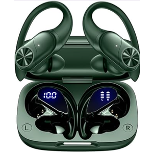 PocBuds Bluetooth Headphones Wireless Earbuds 80hrs Playtime Wireless Charging Case Digital Display Sports Ear Buds with Earhook Deep Bass IPX7 Waterproof Over-Ear Earphones for TV Phone Laptop Olive
