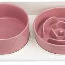 Elevated Slow Feeder Dog Bowls - Ceramic Food and Water Bowl Set with Stand - Raised Pet Dishes for Small and Medium Sized Dogs