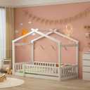 Harper & Bright Designs Twin House Bed with Safety Fences and Door, Solid Wood House Floor Bed Twin, Montessori Bed Frame for Boys, Girls, Playhouse Design & No Spring Box Needed, White