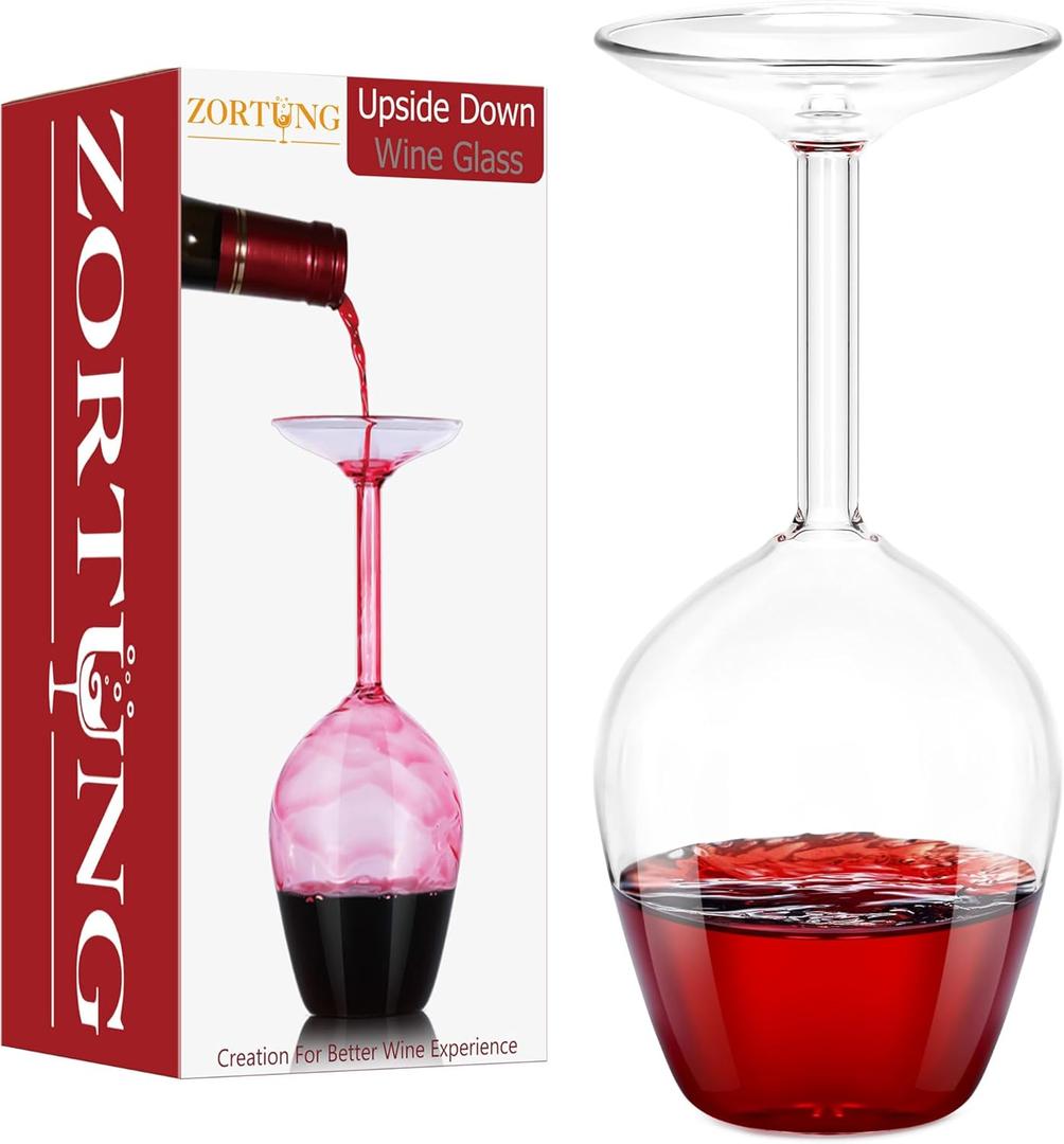 Upside Down Wine Glass Unique Cute Fancy and Funny Red and White Long Stem Wine Glasses Fun and Cool Wine Gift for Women Or Men for Birthday and Holidays and for Party or Wedding 14 Fl Oz (Transparent)