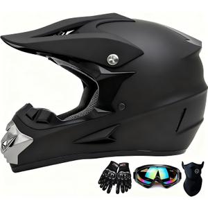 Motocross Helmet,Youth & Kids ATV Dirt Bike Motorcycle Helmet,BMX 4-Wheeler Off-Road Mountain Bike,DOT Certified,W/Gloves Goggles Mask 4-Piece Set (Black, M)