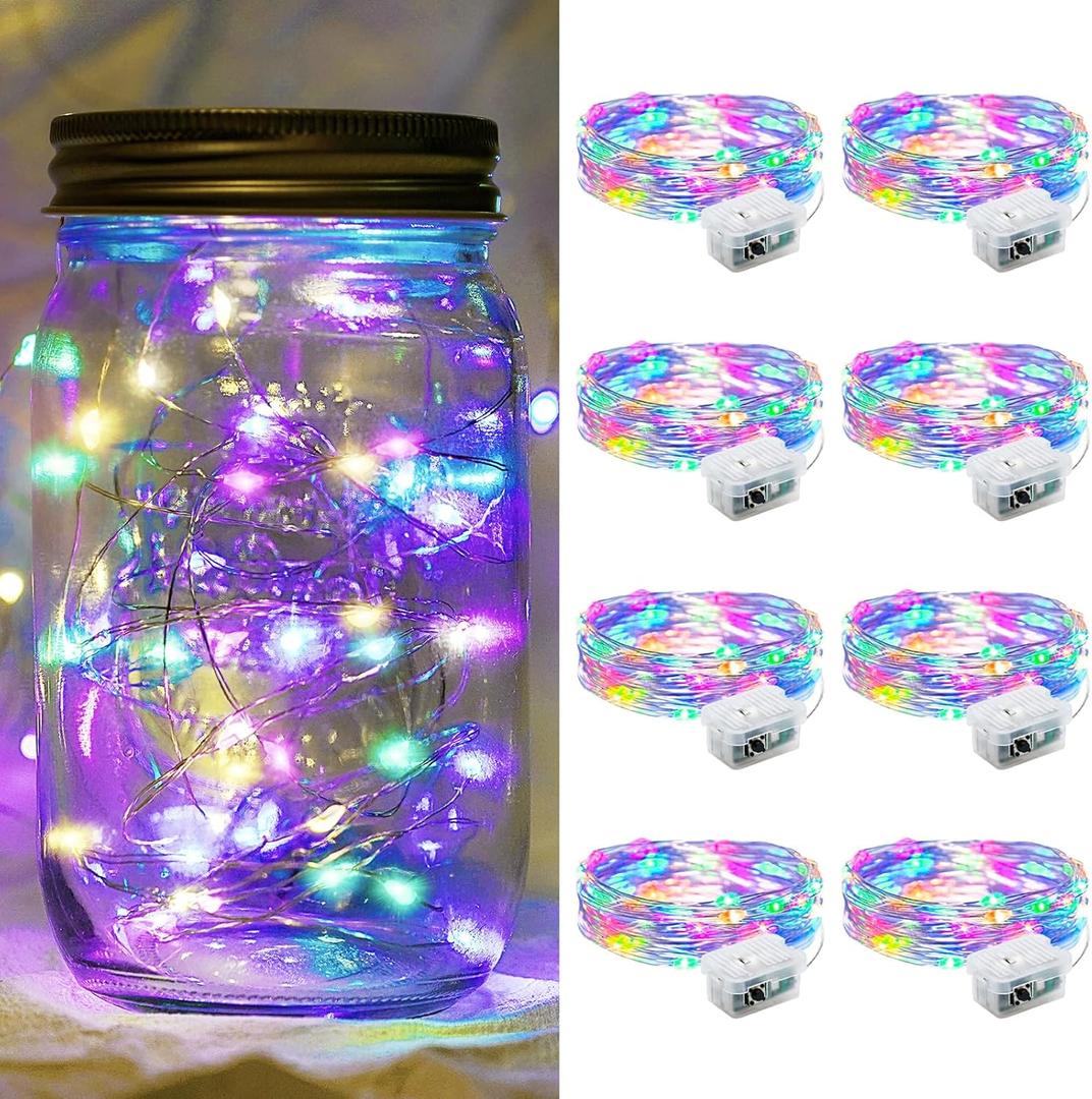 8 Pack Fairy Lights 7Ft 20 LED Twinkle String Lights 3 Modes Battery Operated Waterproof Firefly Starry for Mason Jar Party Wedding Easter Valentines Day Table Centerpieces,Rainbow-Pastel