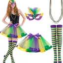 Syhood 6 Pcs Mardi Gras Costume Set, Sequined Tassels Tutu Skirt, Faux Feather Pattern Half Mask, Necklace and Long Socks (M)