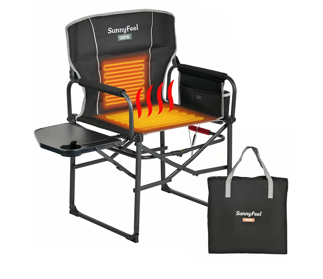 SUNNYFEEL Heated Camping Directors Chair, Heavy Duty,Oversized Outdoor Portable Heating Folding Chair with Side Table, Pocket for Beach, Fishing,Trip,Picnic,Lawn,Concert Foldable Camp Chairs