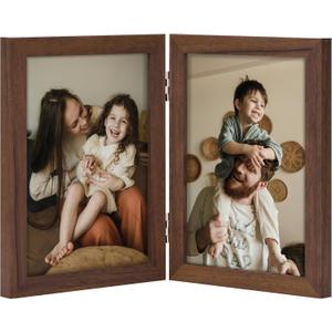 decorUhome Double 5x7 Picture Frame Vertical, Engineered Wood Bifold Photo Frame with Plexiglass for Tabletop Display, 5x7, Brown