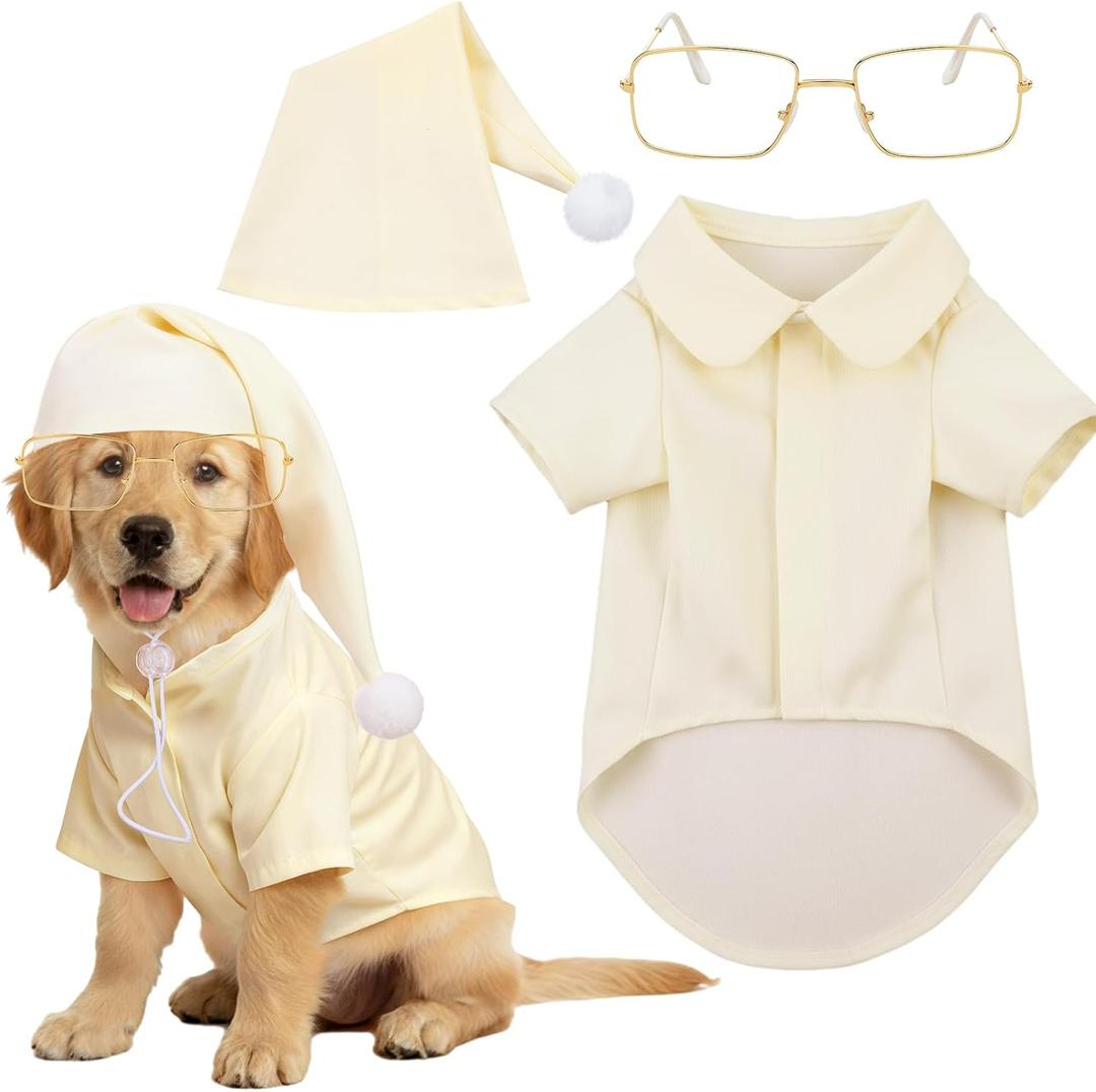3 Pcs Funny Christmas Dog Pajama Costume Set Classic Literature Miser Theme Include Dog Nightgown Hat and Glasses for Pet Christmas Cosplay Party(Medium)