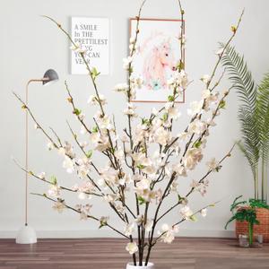 Cherry Blossom Branches, Long Stem Artificial Flowers for Tall Vase, 47" Faux Plum Blossoms for Home Living Room Indoor Office Wedding Garden Decoration (4PCS, White)