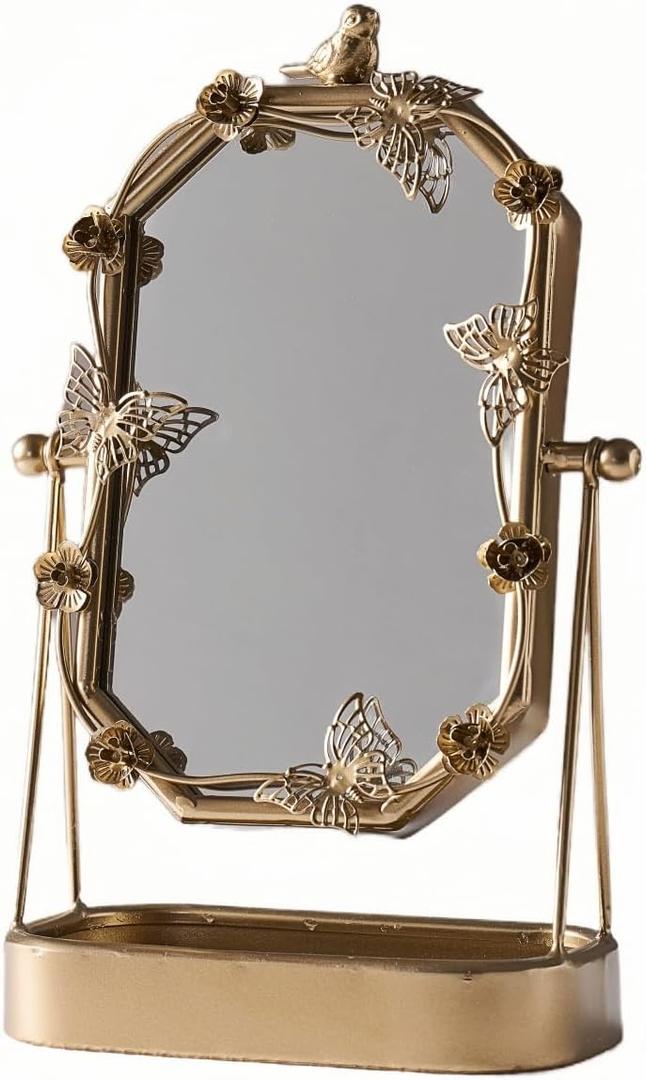 Vintage Gold Tabletop Makeup Mirror, Bird & Butterfly Decorative Vanity Mirror, 12.8 x 8.2 Retro Metal Standing Mirror for Dresser, Bedroom, and Bathroom