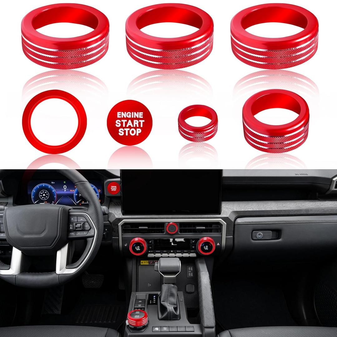 Knob Covers for Toyota Tacoma Accessories 2024 2025 2026 8" or 14" Touchscreen Air Conditioner Engine Start Stop Button Ring Drive Mode Switch Audio Center Console Button Knob Cover 7 Pcs (Red)