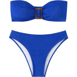 GORGLITTER Women's Strapless Bandeau Swimsuit High Waisted Thong Textured Bikini Set Bathing Suit, Size M