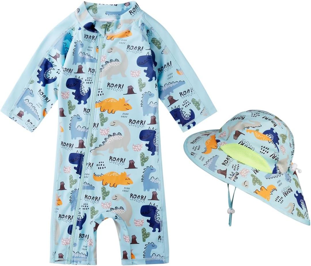 Baby Boy Swimsuit Rash Guard Toddler Sun Protection Swimwear Infant One Piece Bathing Suit with Sun Hat (18-24 Months, Aqua Dinosaur)