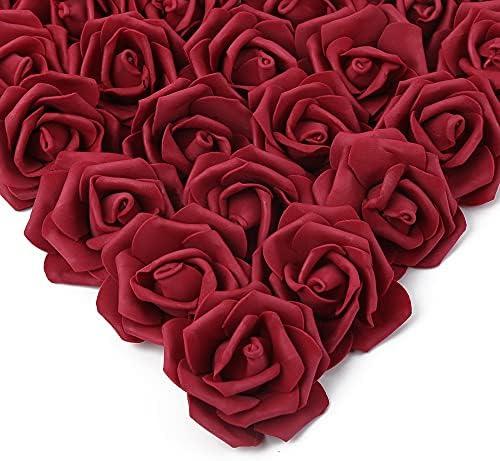 IPOPU Artificial Rose Flower Heads, 100 Pcs Real Looking Burgundy Foam Fake Roses for DIY Wedding Baby Shower Centerpieces Arrangements Party Tables Home Decorations (Wine red, Stemless)