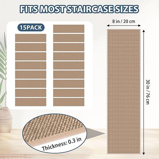 Peel and Sticker Stair Treads Non Slip for Wooden Steps Indoor, 15 Pack Rubber Backed Stair Pads Rug, Removable Staircase Mats Step Cover, Khaki (Set of 15)