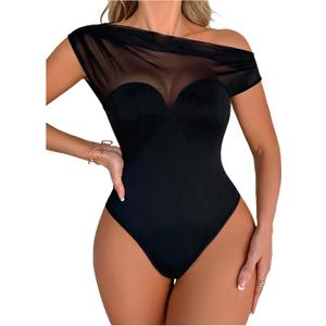 OYOANGLE Women's Mesh Sheer One Shoulder Bodysuit Asymmetrical Sleeveless Body Suit Tops L