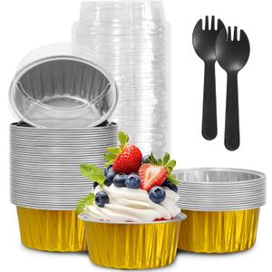 Graduation Party 50Pcs Mini Aluminum Foil Cupcake,5oz Baking Cups with Lids,Mini Cake Pans Disposable,Loaf Pans with Lids,Disposable Ramekins,Tin Cups Containers for Cupcake,Pudding,Muffin (Gold)