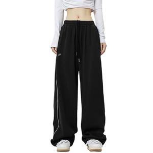 Elincho Women's Y2K Sweatpants Baggy Wide Leg Joggers Elastic Drawstring Waist Casual Streetwear with Pockets Black, S