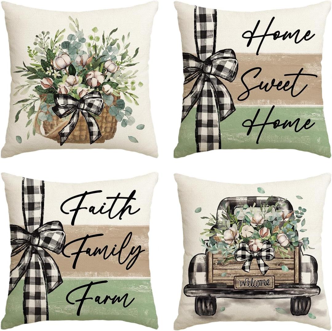 AVOIN colorlife Home Sweet Home Farmhouse Eucalyptus Leaves Throw Pillow Covers, 18 x 18 Inch Truck Stripes Buffalo Plaid Cushion Case Decorations Set of 4 (Green)