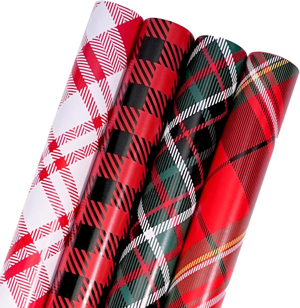 BIOBROWN Christmas Wrapping Paper Rolls - Red/Green/Black/White Tartan Plaid Design for Party, Holiday - 30" X 10' Per Roll (4 Rolls: 100 sq. ft. ttl.)