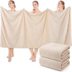 SmoothNovelty 2 Pack Bath Sheets 40 x 80 Inch Oversized Jumbo Extra Large Towels Quick Dry Coral Fleece Absorbent Soft Lightweight XL Shower Towels for Home Gym Travel Beach Spa Pool Hotel (Beige)