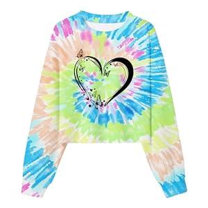 SunFoucs Tie Dye Girls Long Sleeve Shirts Size 10-11 Rainbow Kids Sweatshirts Drop Shoulder Pullover Teens Clothes Blue 11Y