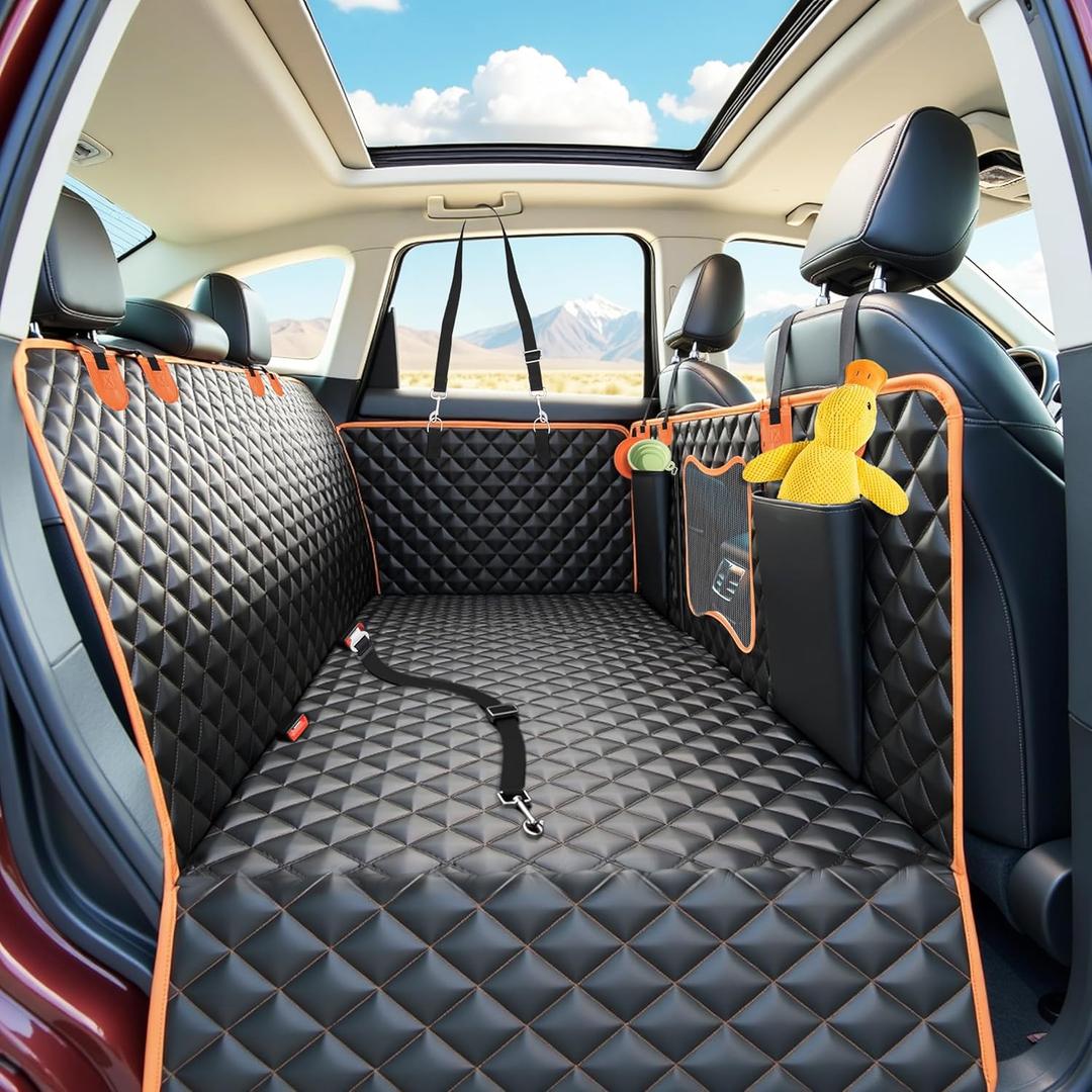 Back Seat Extender for Dogs, Dog Car Seat Cover with Hard Bottom Supports 500 lbs, Waterproof Car Seat Protector, Nonslip Dog Hammock for Back Seat, Pet Bed for Cars, SUVs & Small Trucks (Black with Orange)