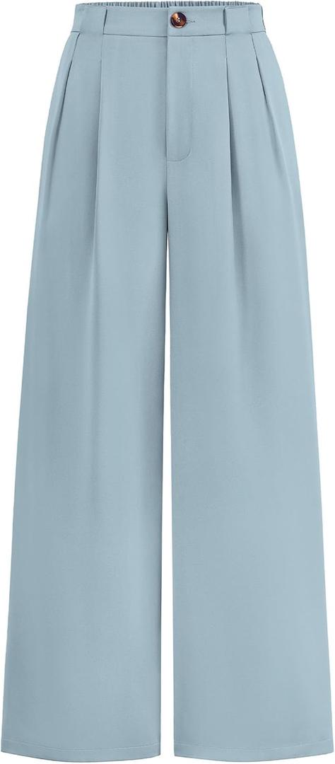 KIRUNDO Wide Leg Dress Pants for Women High Waisted Office Work Trousers Business Casual Slacks Button Flowy Palazzo Pant(Dusty Blue, Large)