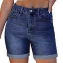 luvamia Jean Shorts for Women High Waisted Trendy Mid Thigh Long Cuffed Hem Stretchy Denim Shorts Casual Summer Jorts (Small, Classic Blue)