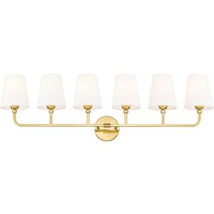 Bathroom Light Fixtures, 42 Inch Brushed Gold Vanity Lights with Flared White Fabric Shade, 6-Light Wall Sconce, Modern Sconces Wall Lighting for Hallway Bedroom, VL837-BG-6