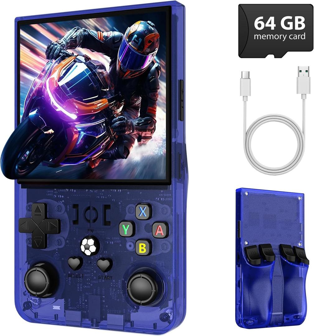 R36MAX Retro Gaming Console, Retro Handheld Games Console with 64GB TF Card, Portable Hand Held Open Source Linux System, 4.0 inch IPS HD Screen Video Game Consoles, 4000mAh Battery (Blue)