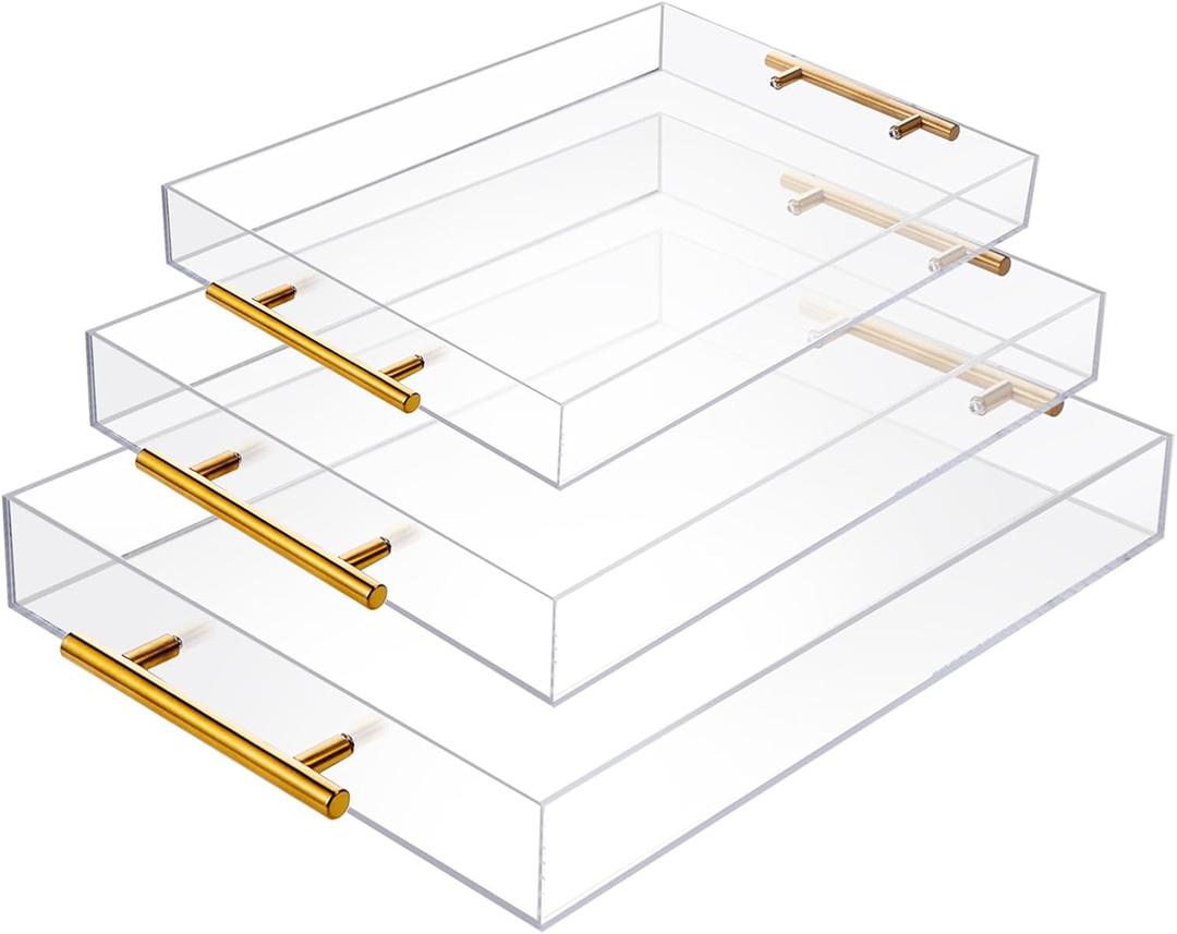 Pack of 3 Clear Acrylic Serving Tray with Gold Handles Serving Tray Spill Proof Acrylic Bathroom Decorative Tray Organizer for Coffee Table Countertop Appetizer Breakfast Vanity