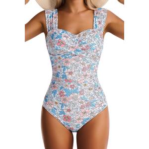 Womens One Piece Swimsuits Tummy Control Bathing Suits Modest Full Coverage Swimsuit Wide Straps Swimwear (Blue)