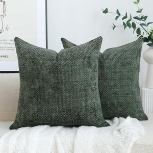 Stellhome Pack of 2 Woven Textured Decorative Throw Pillow Covers Soft Chenille Accent Luxury Cushion Cases for Living Room Couch Bed Sofa Farmhouse Boho Home, 20x20 inch, Hunter Green