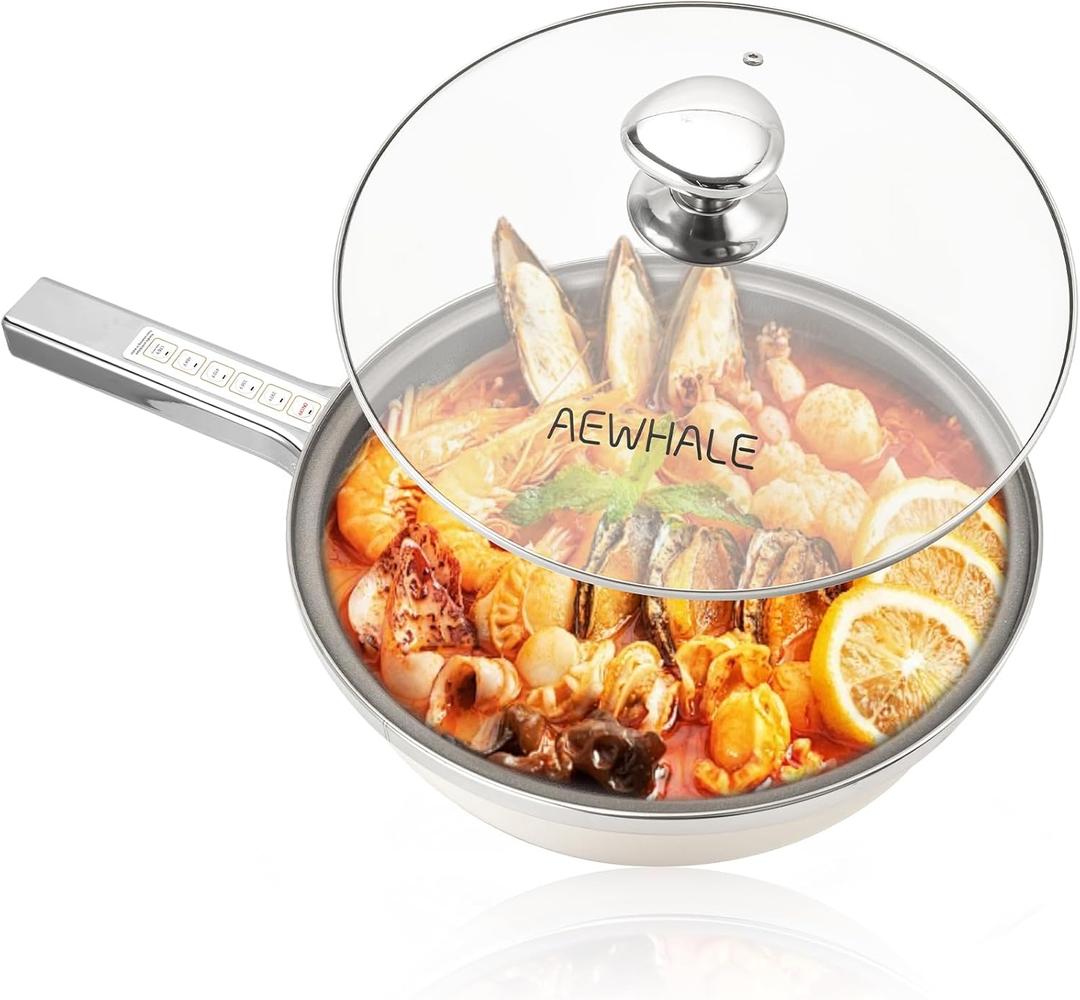 AEWHALE Hot Pot Electric,5L Multifunctional Electric Pot for Cooking,1600W Non-Stick Frying Pans for Steak, Egg, Ramen, Soup with Temperature Adjustment Titanium Stainless