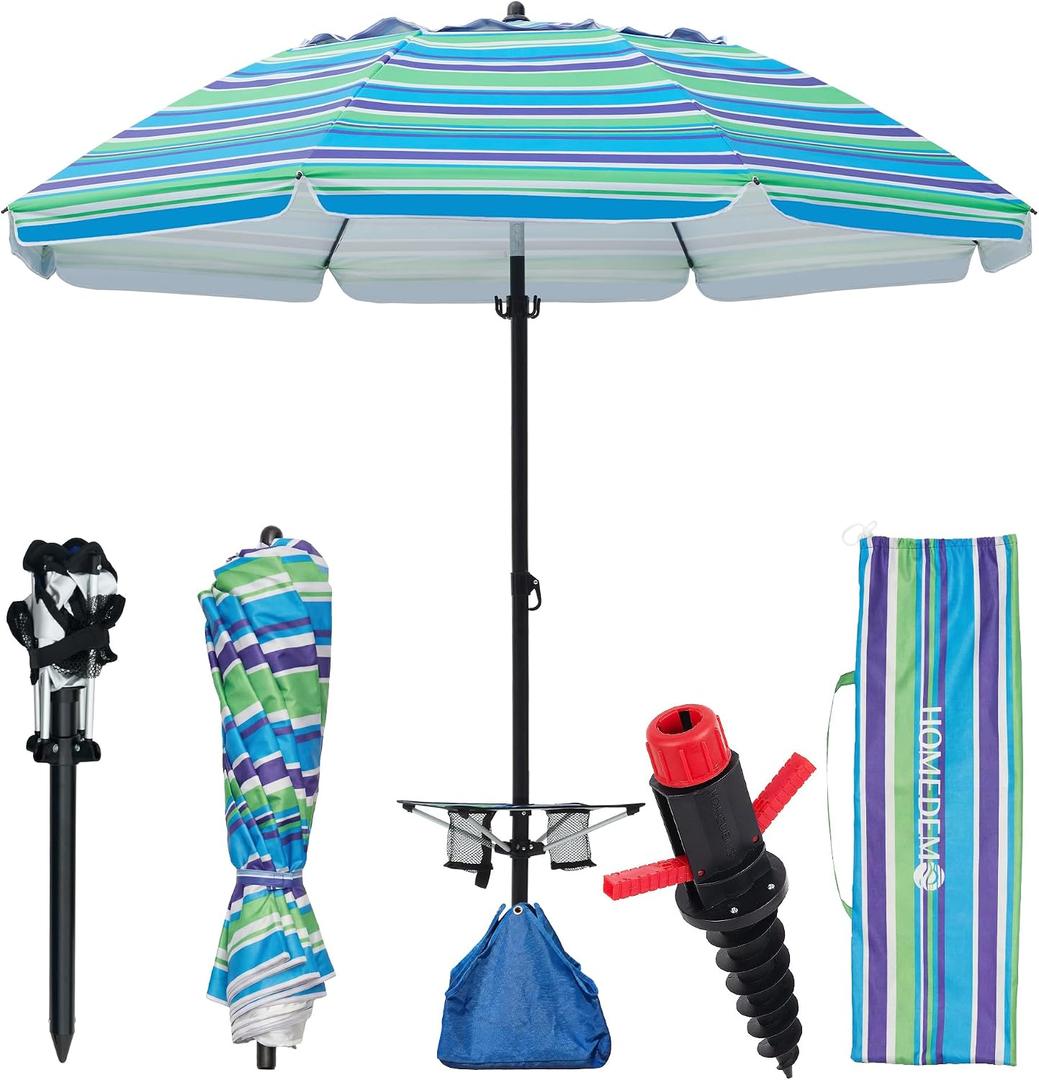 HOMEDEMO 8FT Large Beach Umbrella with Weight Bag & Sand Anchor, Outdoor Umbrellas with Adjustable Aluminum Pole and Table, Heavy Duty Windproof & UPF 50+