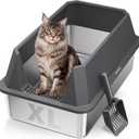 Stainless Steel Litter Box with High Sides, XL High Sided Cat Litter Pan, Open Top Extra Large Metal Cat Litter Box, Non-Stick, Odor Free, Leakproof, Scoop Included, Gray