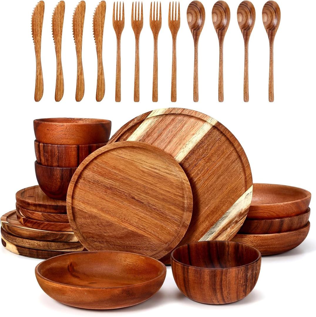 28 Pcs Acacia Wood Dinnerware Set, Round Wooden Plates, Solid Wooden Bowls and Spoon Fork Knife Cutlery Set Acacia Wood Tableware Supplies, Easy Cleaning Lightweight for Dish Snack Dessert