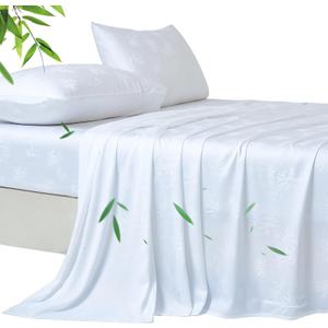 YIYEA 100% Organic Viscose Derived from Bamboo Sheets Full Size Set, Luxury 400TC Jacquard Bed Sheets, Soft Breathable Cooling Sheets,16" Deep Pocket, with 2 Sheet Fasteners (White, Full)