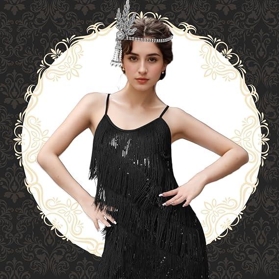 PLULON Women's 1920s Gatsby Sequin Fringed Vintage Flapper Dress Cocktail Party (Large, Black) 