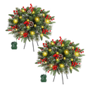 2 Pack Pre-Lit Christmas Tree Urn Filler, Lighted Artificial Xmas Pine Trees with Tripod Stake, Battery Powered Outdoor Light up Planter Filler Festival Holiday Decor for Porch, Driveway, Yard