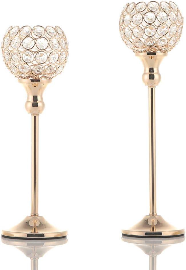 VINCIGANT Gold Crystal Candle Holders Set of 2,Pillar Candlesticks for Table Centerpieces, Valentine's Day Home Decor Wedding Party Housewarming Gift