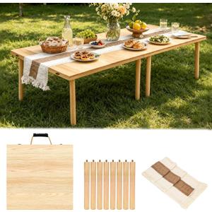 Folding Wooden Picnic Table with Runner, 60"x30" Boho Portable Low Table for Floor Seating, Indoor Outdoor Picnic Table for Camping, Beach, Backyard, BBQ & Party (Seats 6)